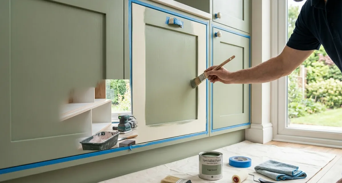 Meticulous hand-painting of a sage green Shaker kitchen cabinet door in an Epsom home, showcasing precise masking and professional trade quality finish today.