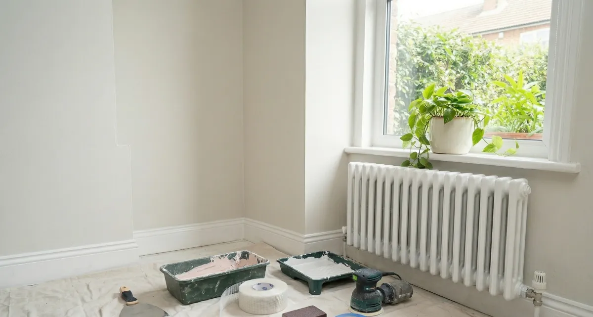 internal view of a pristine, completed traditional cast iron radiator painting result in an Epsom living room, showing seamless finish, meticulous care, and sharp, clean valves today.