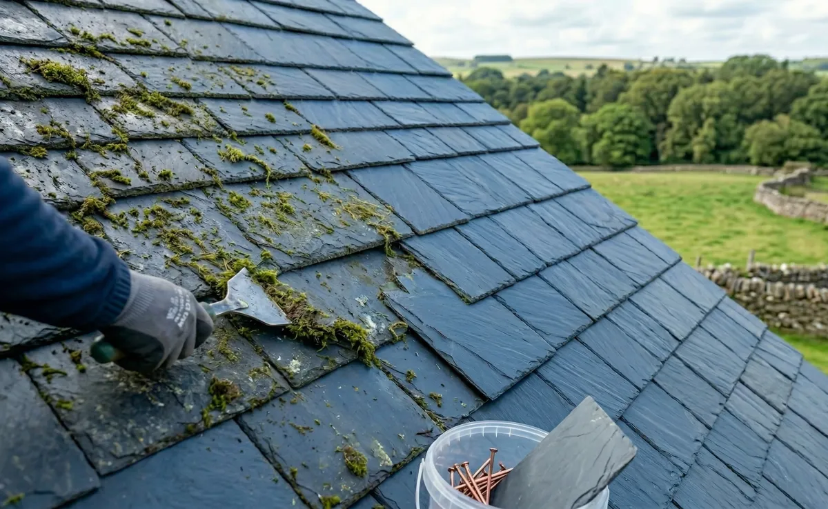 A close-up shot of a professional hand using a scraper to remove moss from a grey slate roof on a traditional UK stone cottage, featuring a bucket of copper nails and replacement slates in the foreground.