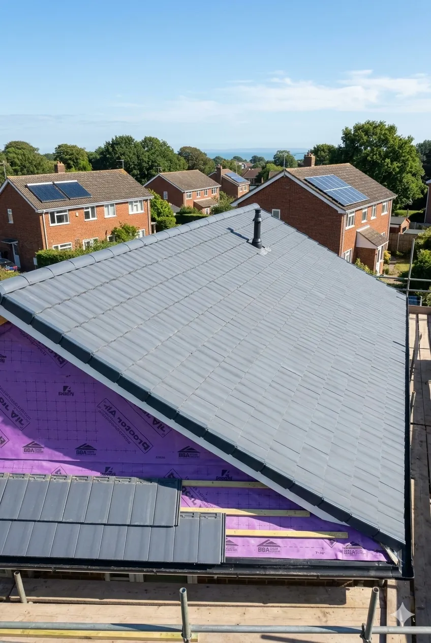 A professional new roof installation by MJ Cooper & Sons in Upton, Dorset, showing the transition from the purple breathable membrane to modern slate-grey tiles on a residential property.