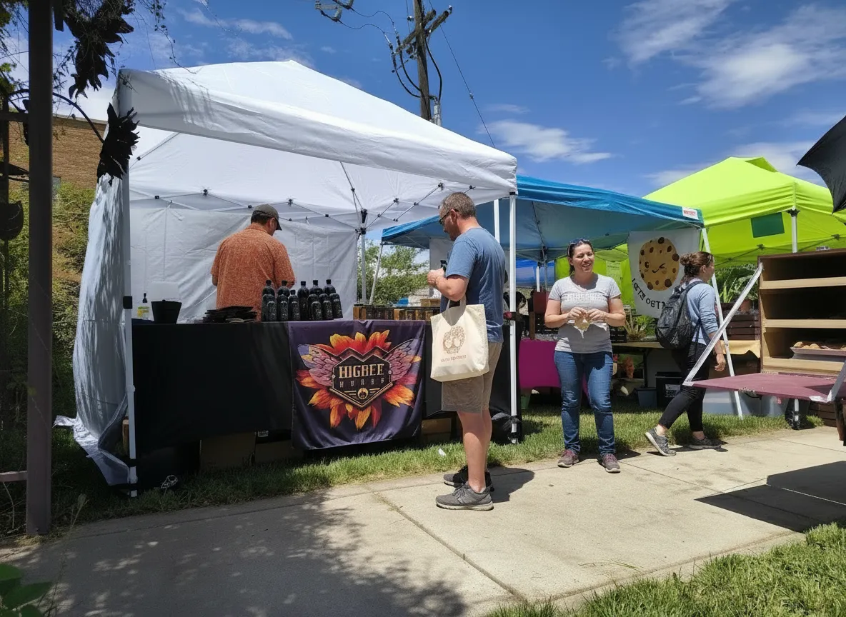 Vendors and neighbors enjoying an outdoor summer market in a community garden
