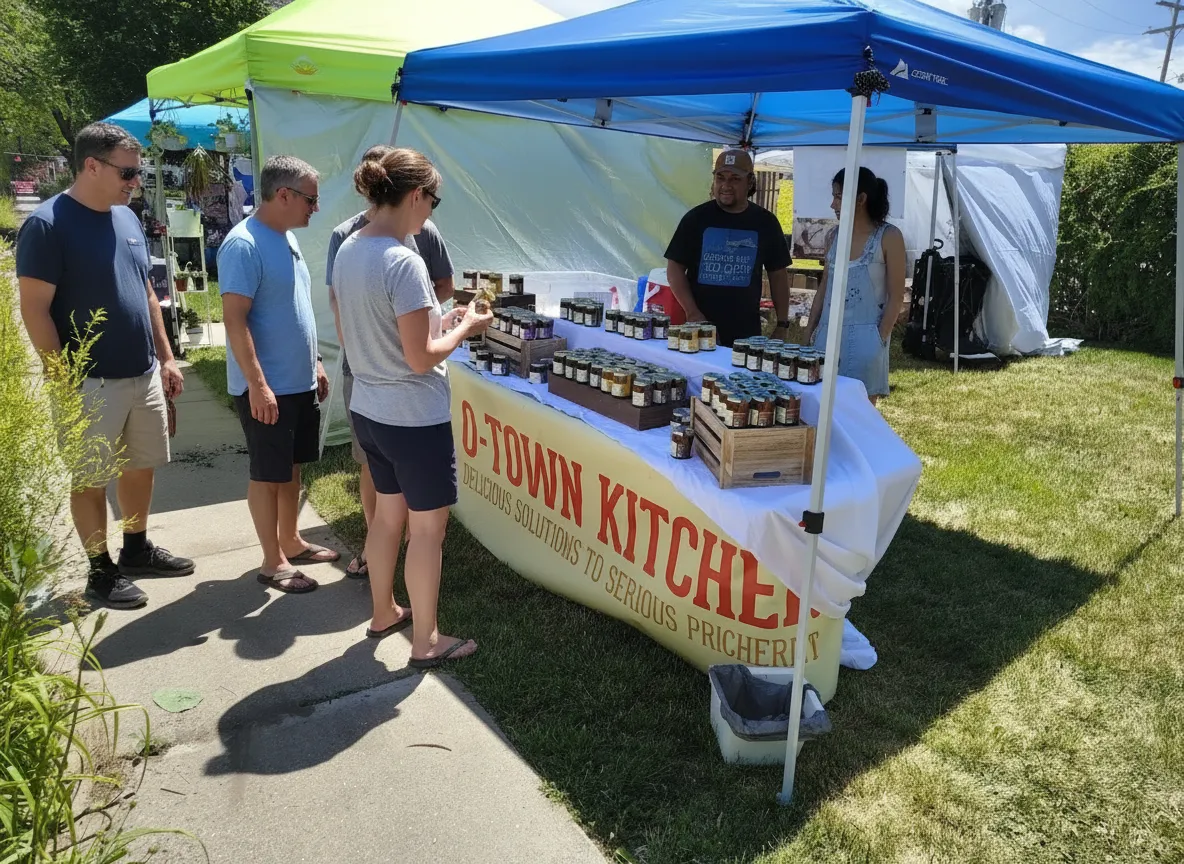 Vendors and neighbors enjoying an outdoor summer market in a community garden