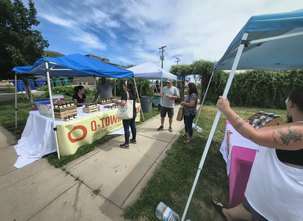 Vendors and neighbors enjoying an outdoor summer market in a community garden