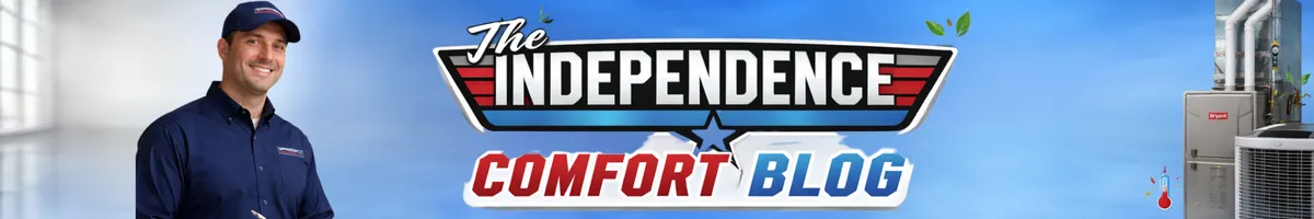 The Independence Comfort Blog banner featuring an Independence Heating and Cooling technician with HVAC equipment, serving homeowners in South-Central Michigan with furnace and air conditioning services.