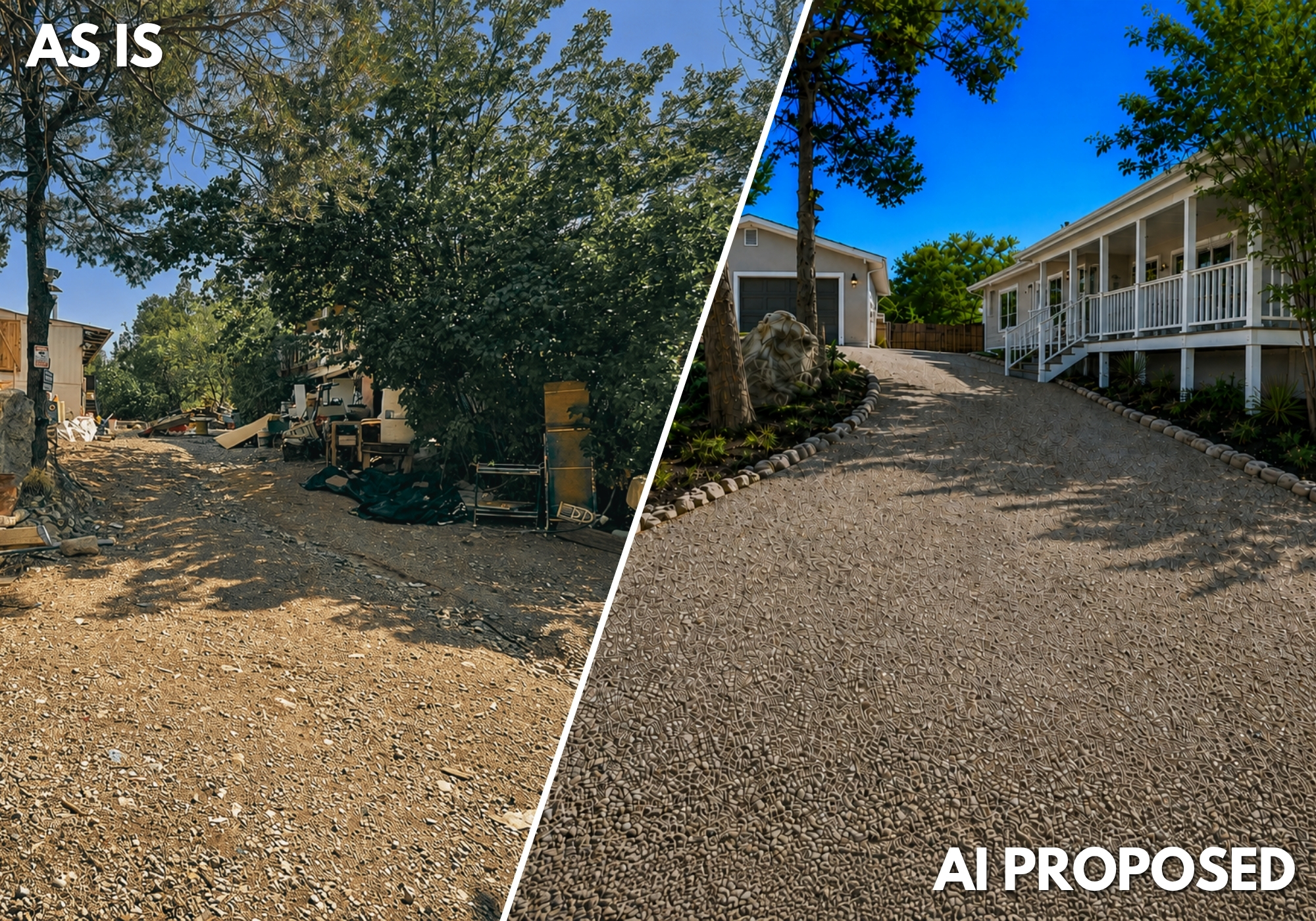 As-is exterior and conceptual renovation rendering of 6 Sedillo Rd in Tijeras, New Mexico