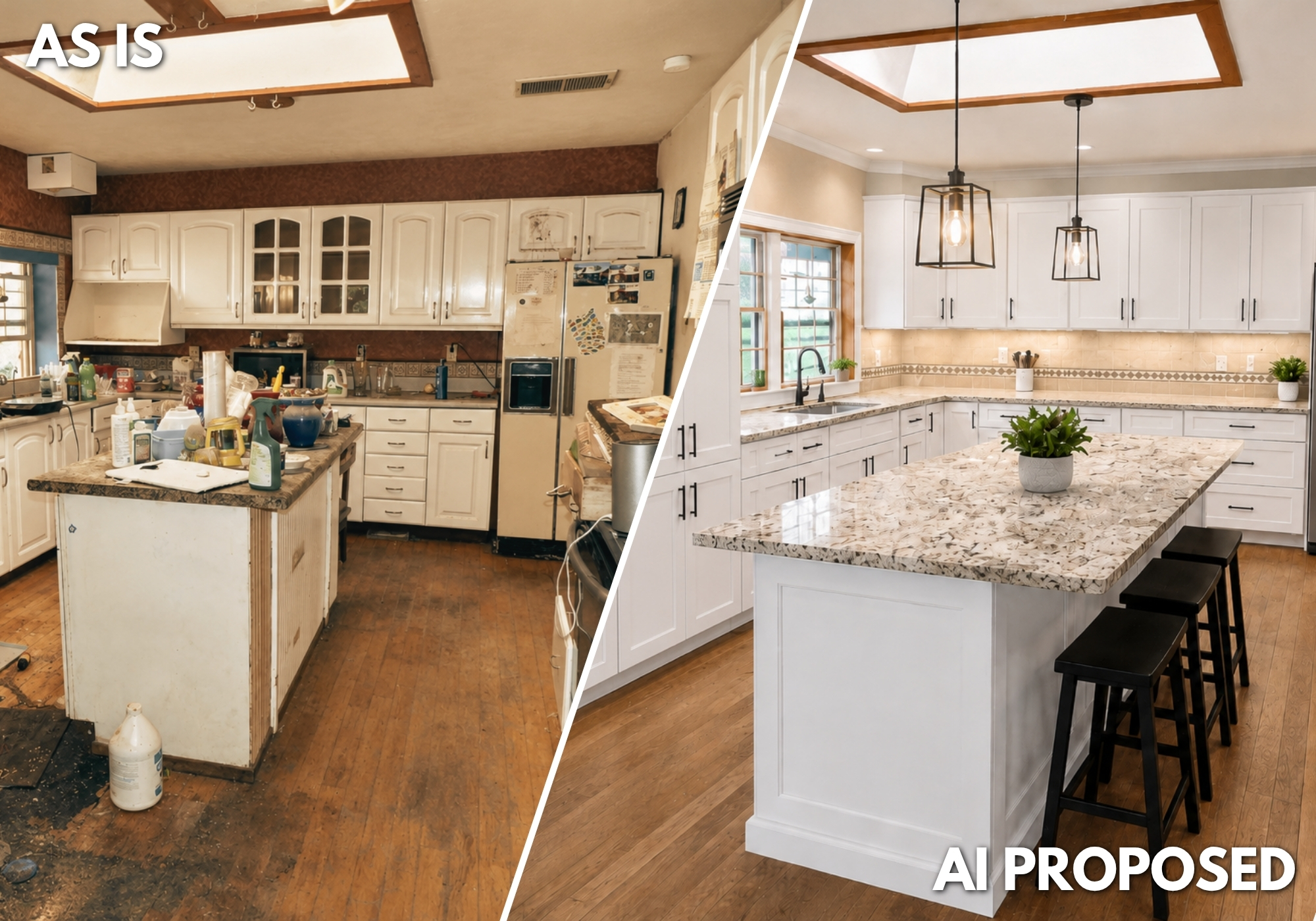 Current living area and conceptual renovated kitchen and living space at 6 Sedillo Rd in Tijeras
