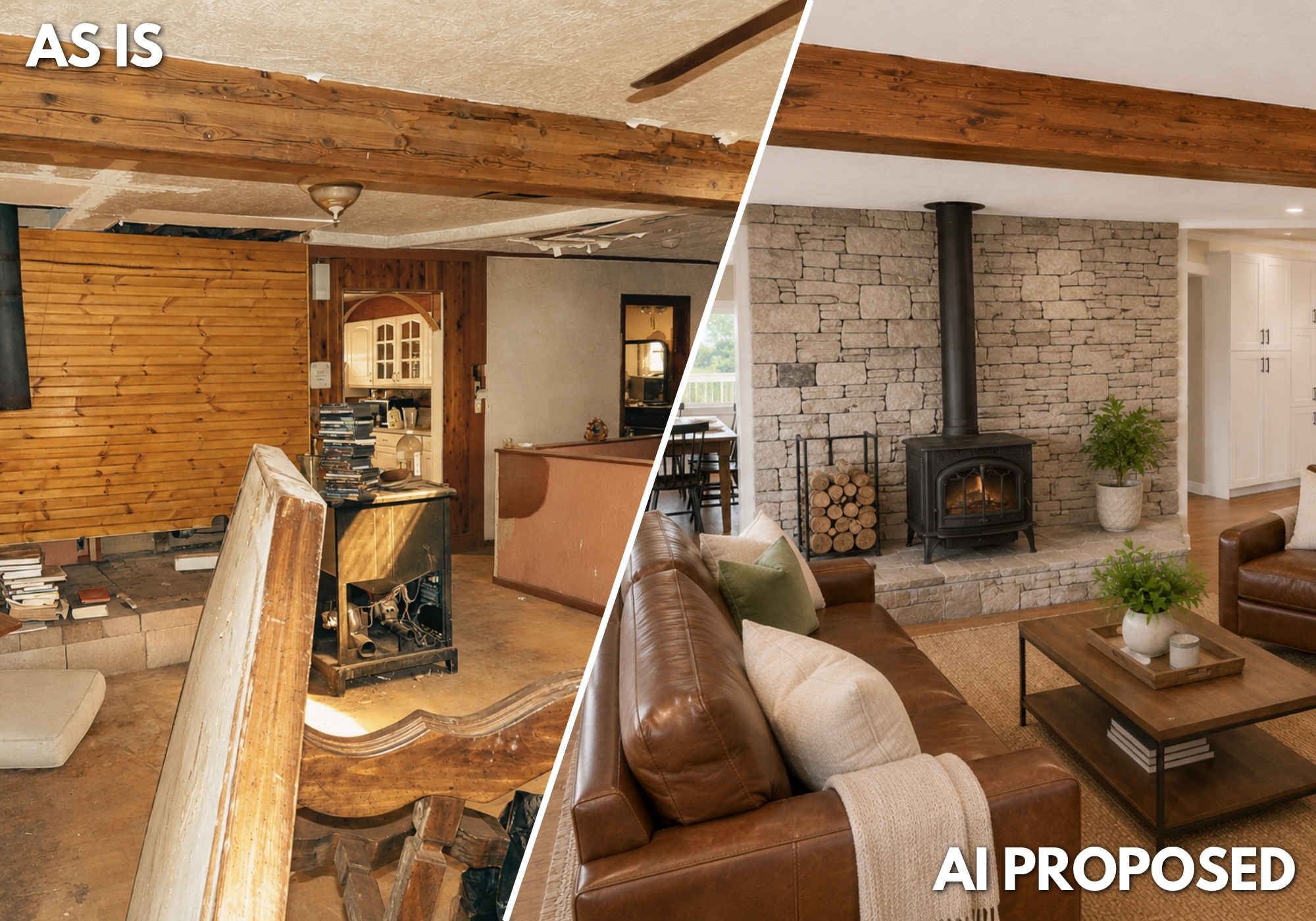 As-is living room and conceptual renovation rendering at 6 Sedillo Rd in Tijeras, New Mexico