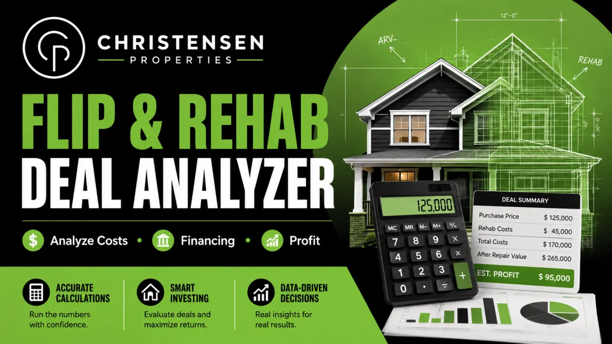 Flip and Rehab Deal Analyzer for real estate acquisition, renovation costs, financing, and projected profit