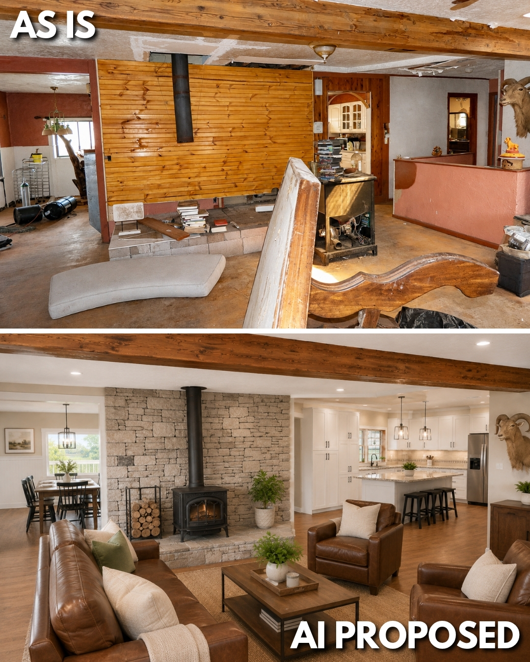 As-is living room and conceptual renovation rendering at 6 Sedillo Rd in Tijeras, New Mexico