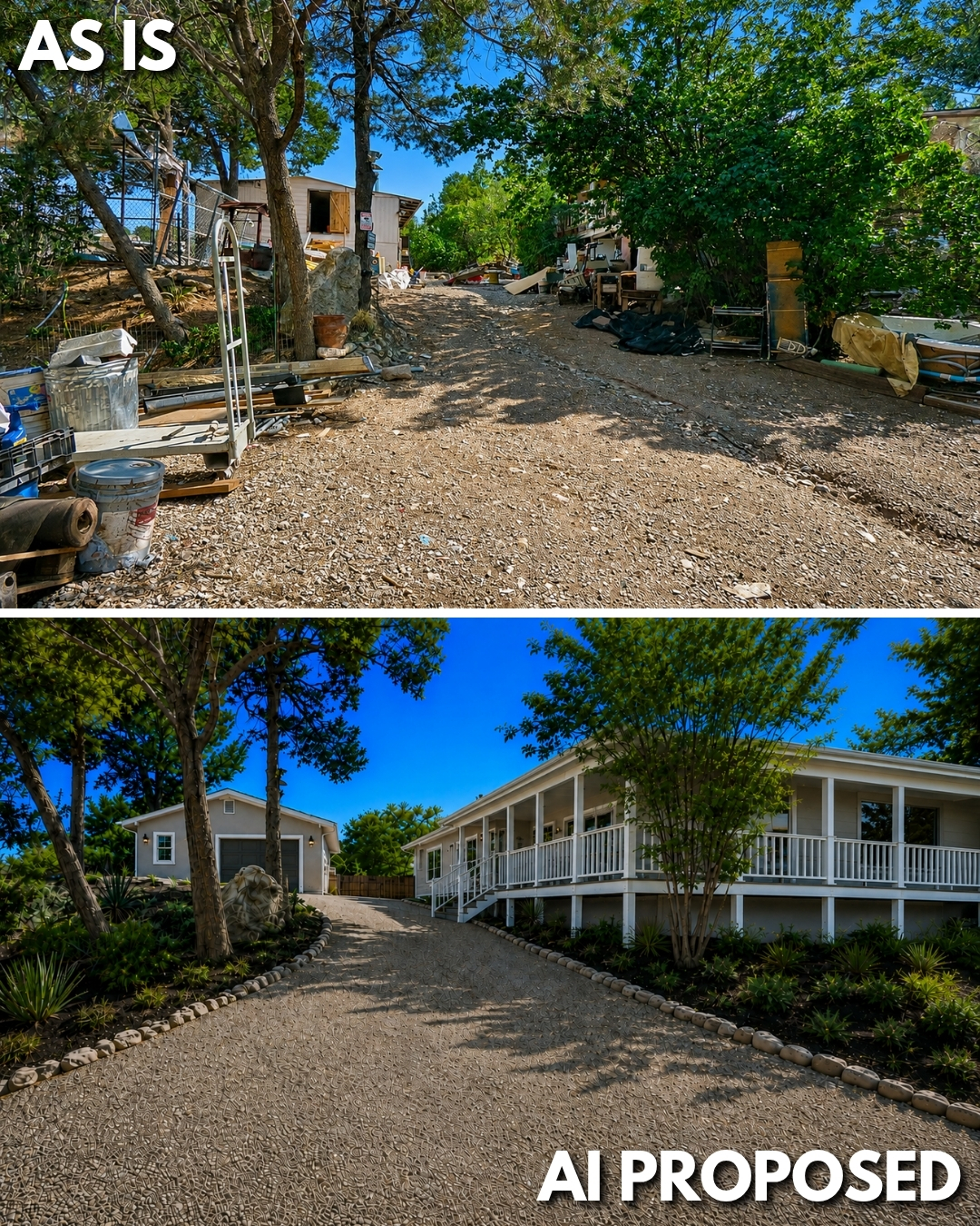 As-is exterior and conceptual renovation rendering of 6 Sedillo Rd in Tijeras, New Mexico