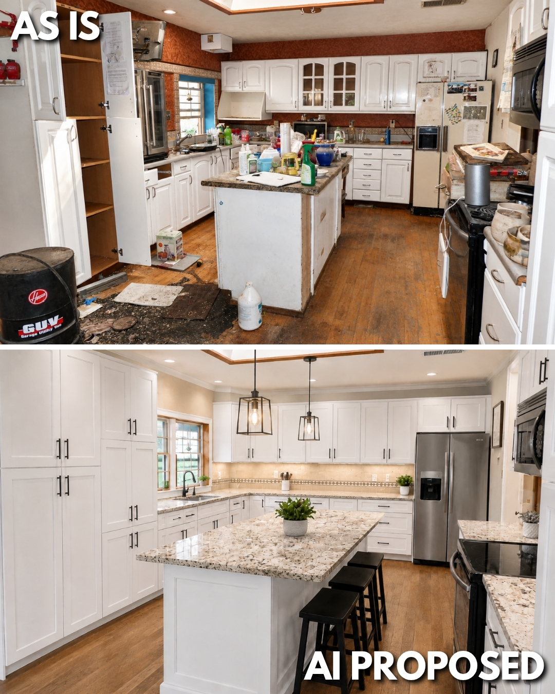 Current living area and conceptual renovated kitchen and living space at 6 Sedillo Rd in Tijeras
