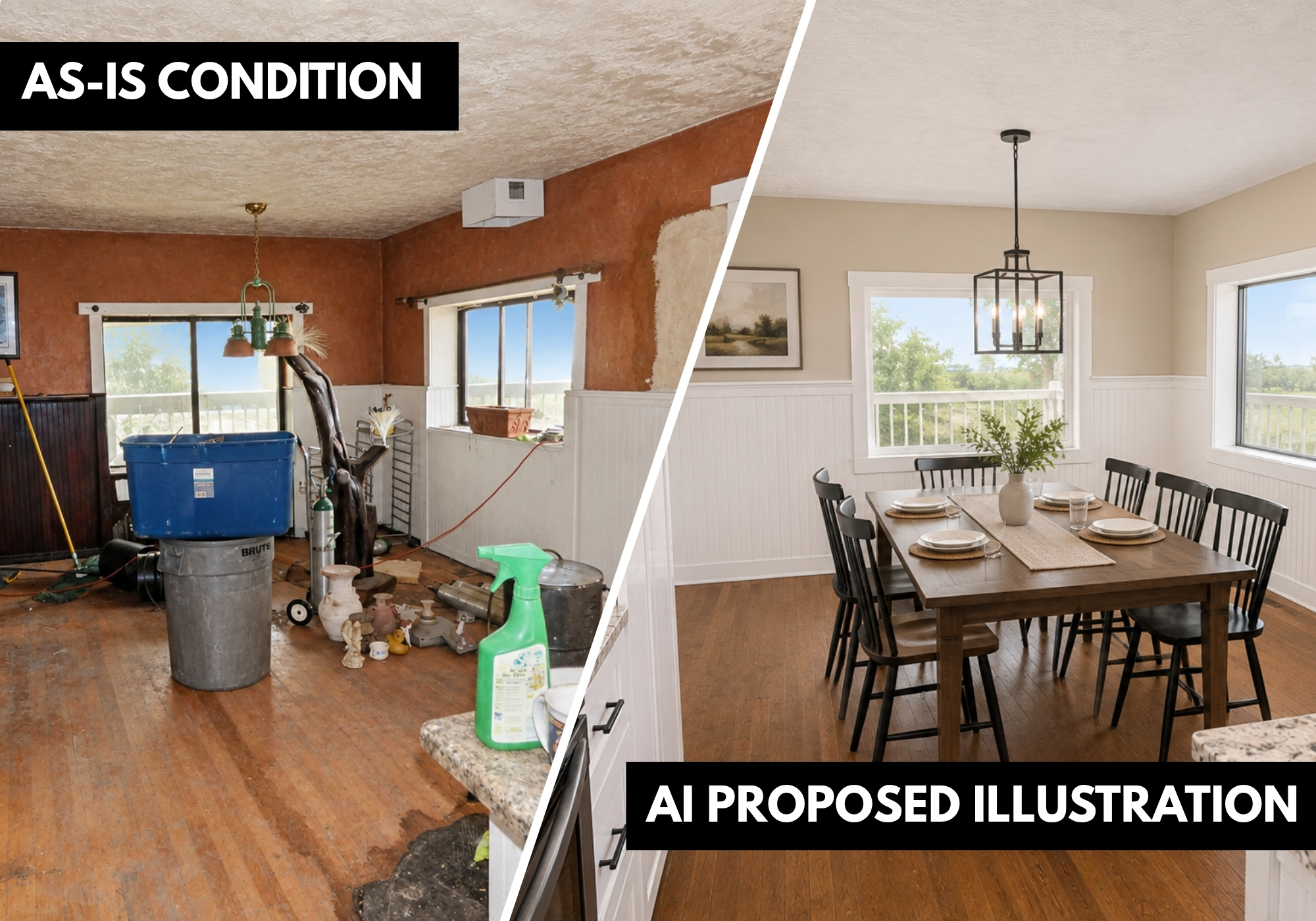 Current living area and conceptual renovated kitchen and living space at 6 Sedillo Rd in Tijeras