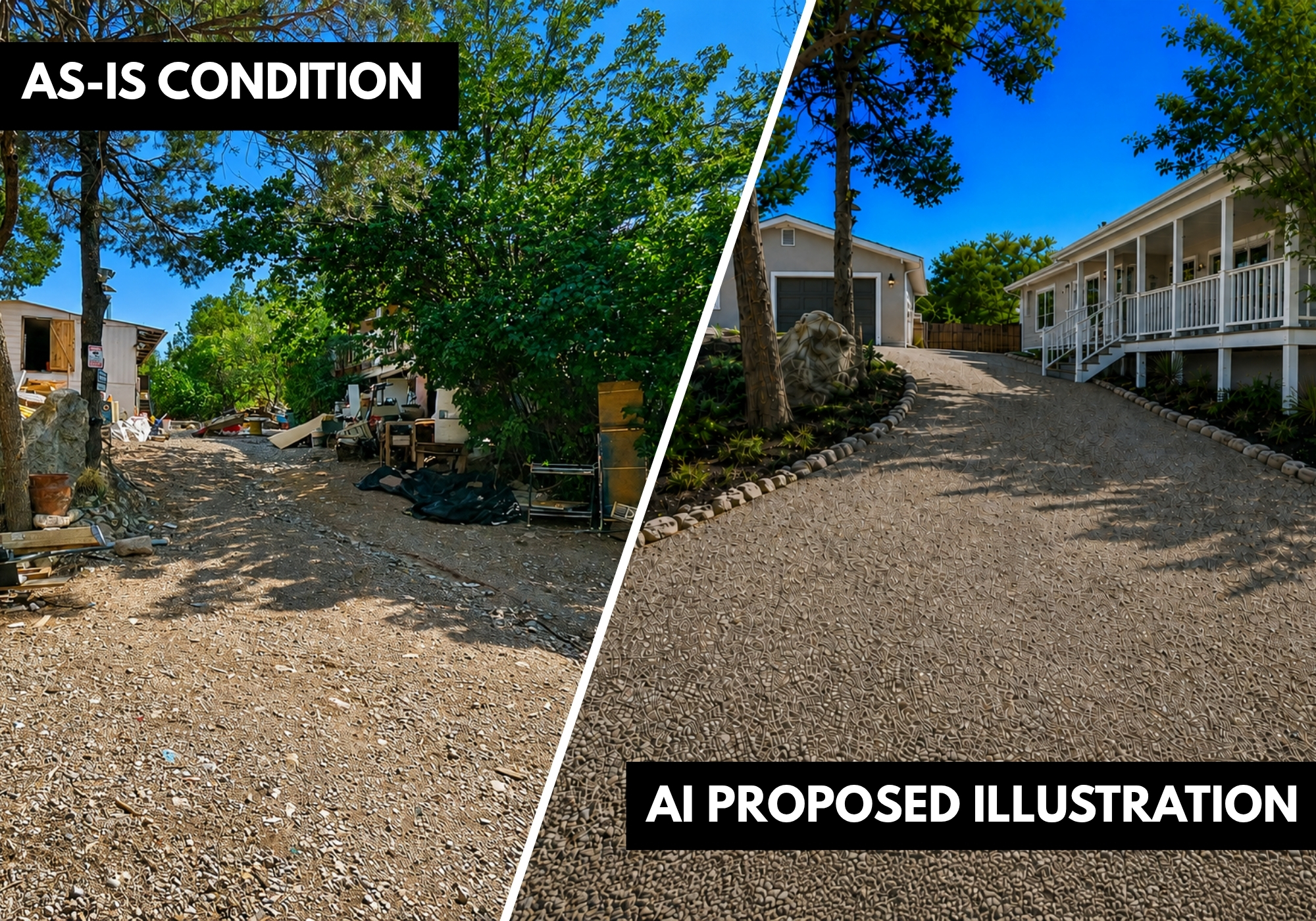 As-is exterior and conceptual renovation rendering of 6 Sedillo Rd in Tijeras, New Mexico