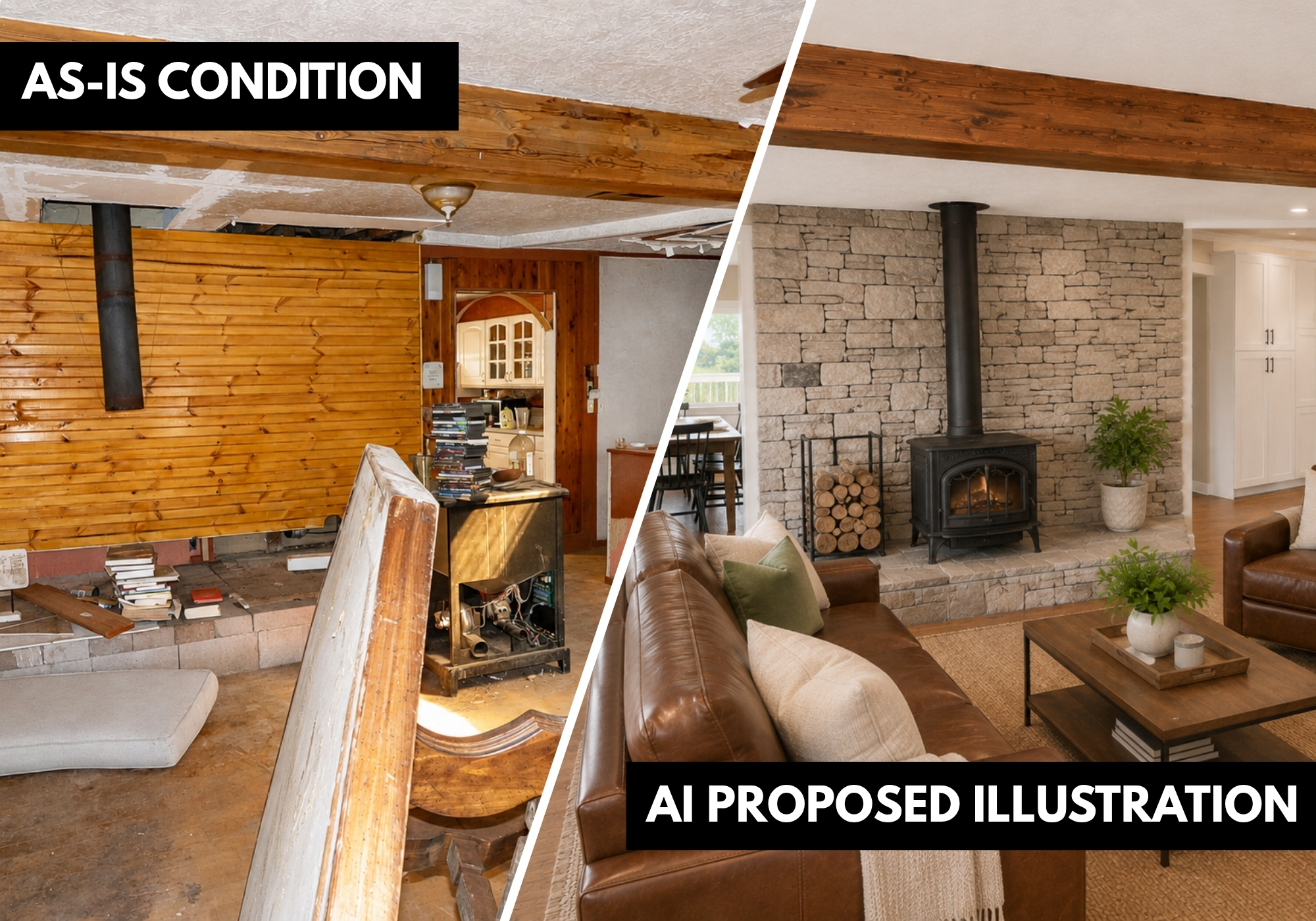 As-is living room and conceptual renovation rendering at 6 Sedillo Rd in Tijeras, New Mexico
