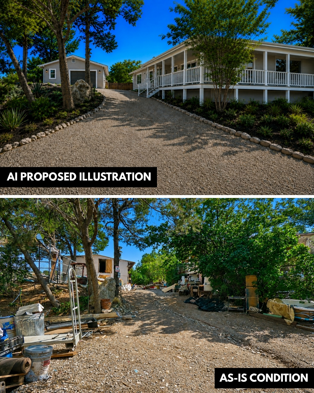 As-is exterior and conceptual renovation rendering of 6 Sedillo Rd in Tijeras, New Mexico