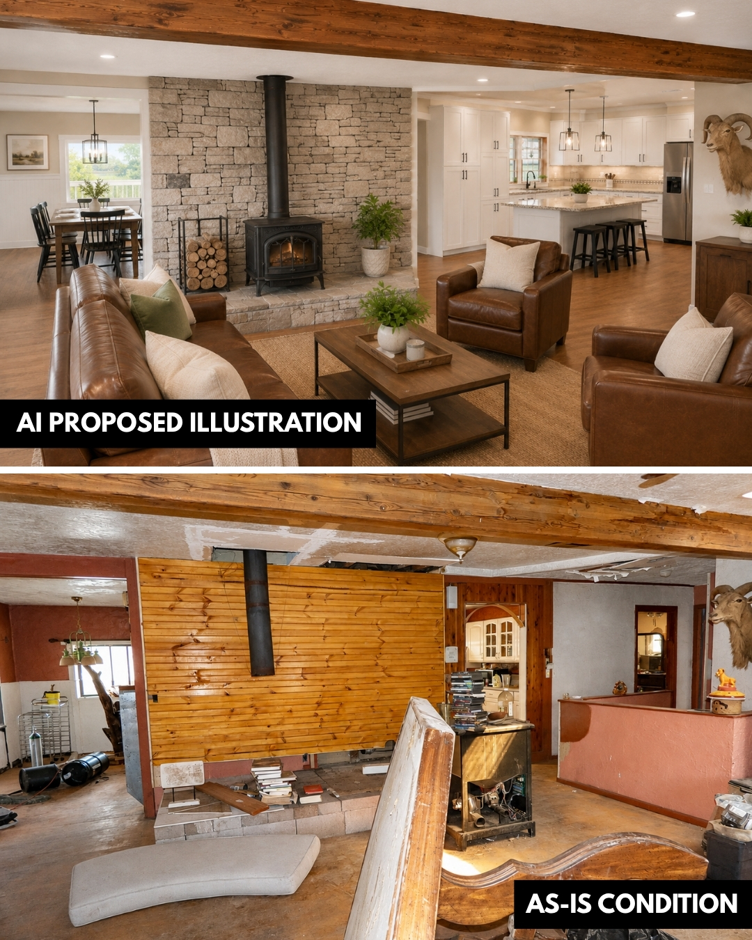 As-is living room and conceptual renovation rendering at 6 Sedillo Rd in Tijeras, New Mexico