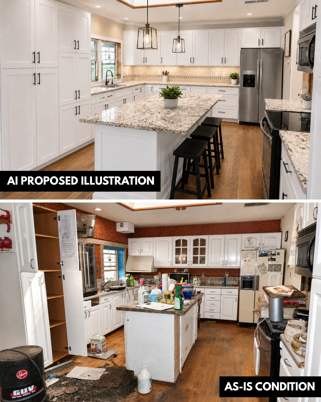 Current living area and conceptual renovated kitchen and living space at 6 Sedillo Rd in Tijeras