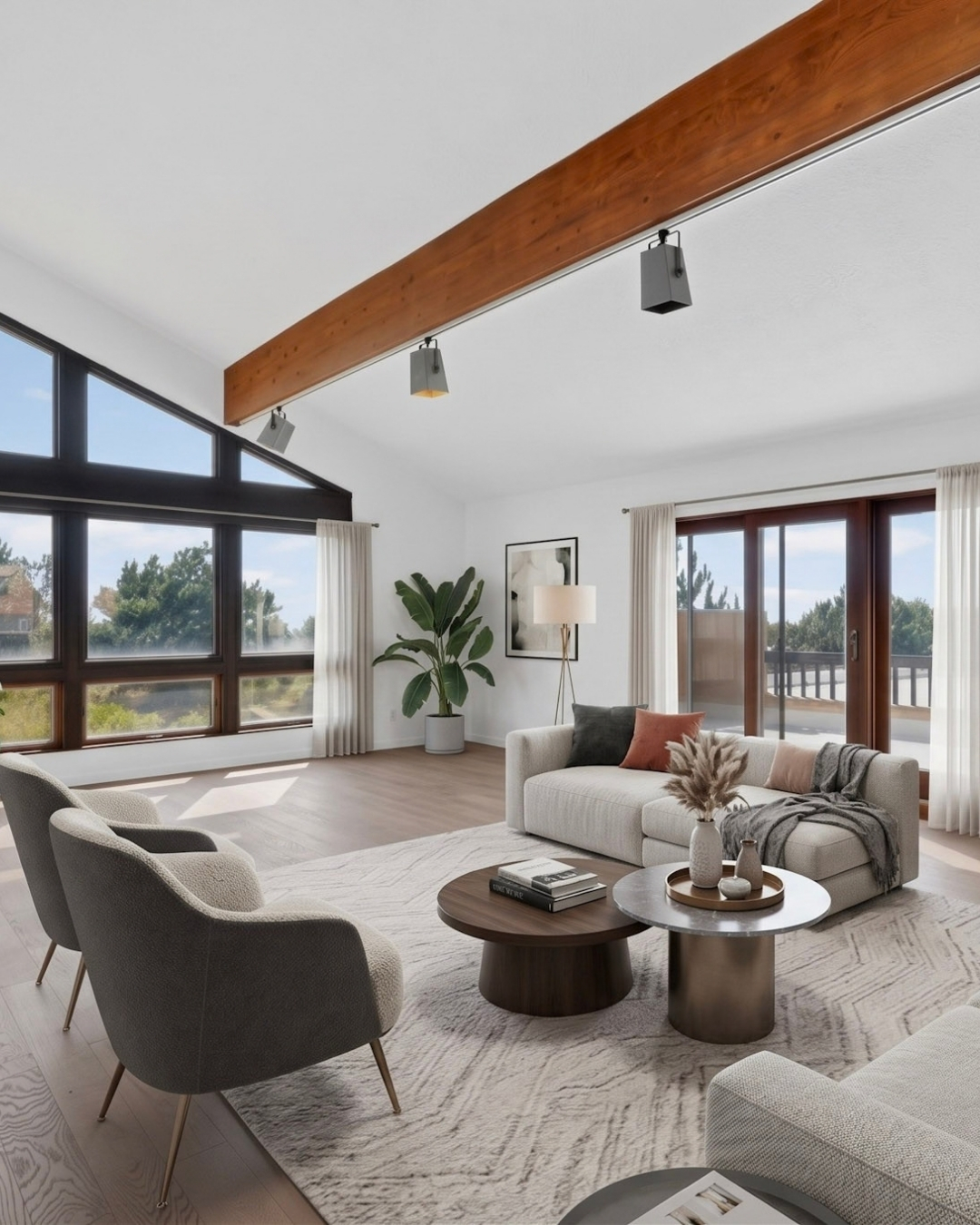 Staged living room at 450 Live Oak Lane with floor-to-ceiling windows, exposed beams, fireplace, and Sandia Heights views