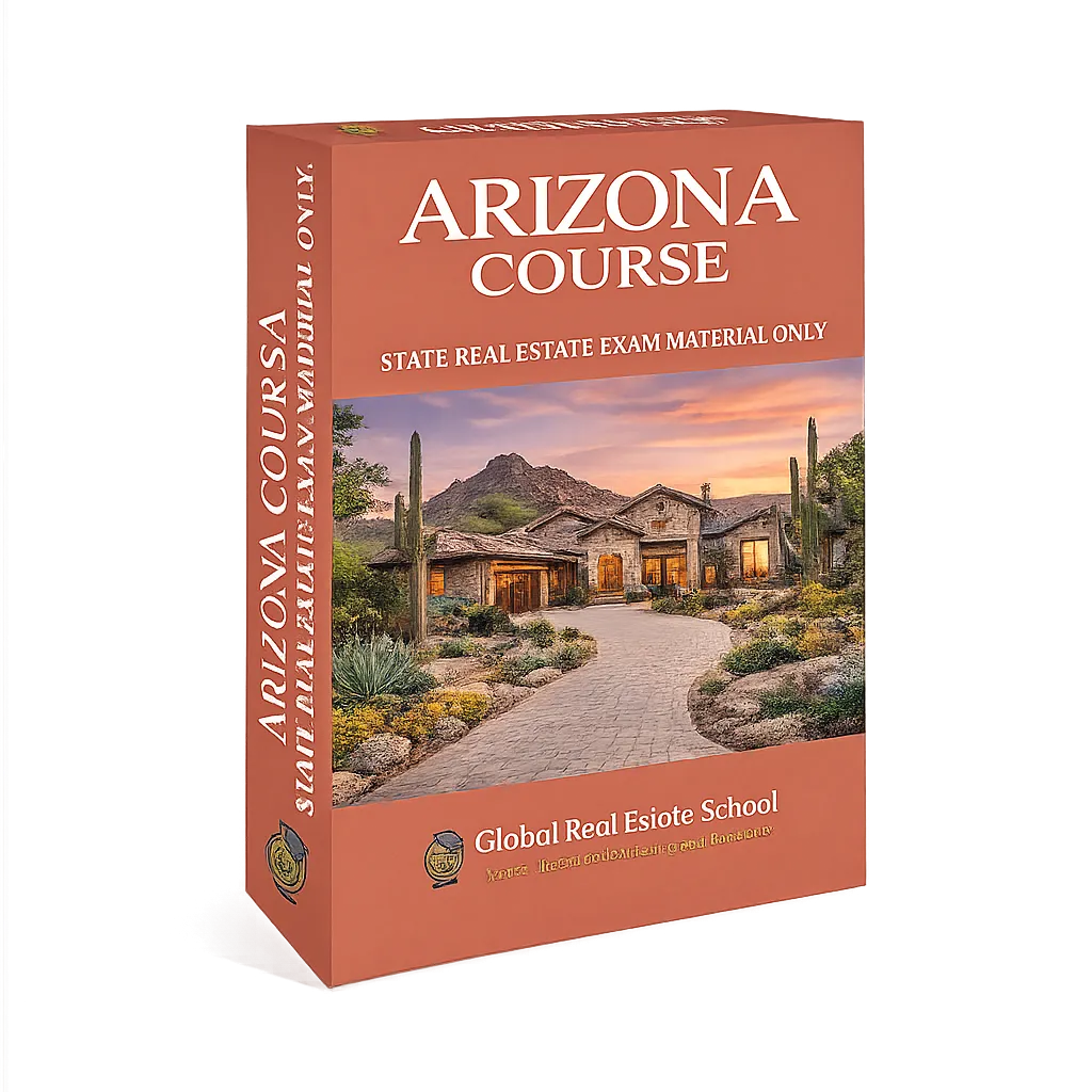 3D book cover of the Arizona Real Estate Exam Prep Course by Global Real Estate School featuring a residential home and landscape from Arizona.
