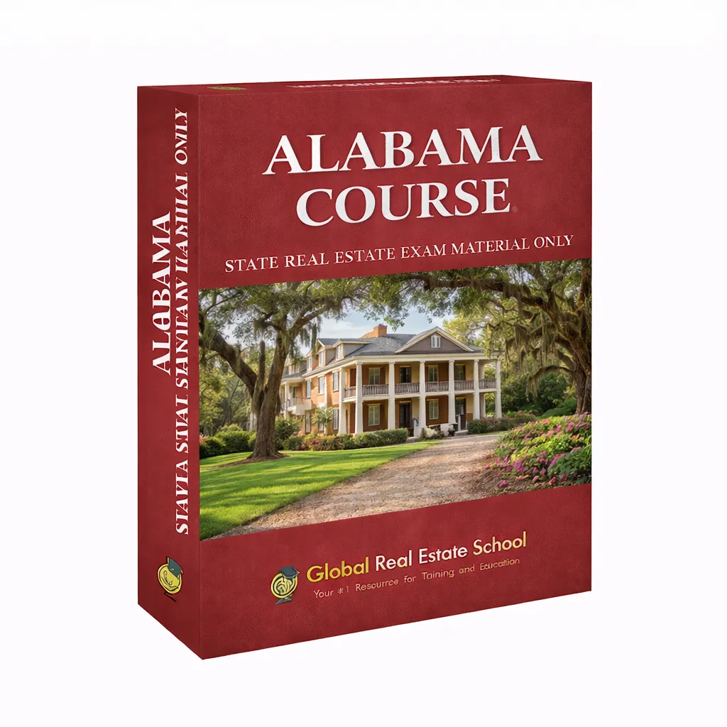 3D book cover of Alabama Real Estate Exam Prep Course by Global Real Estate School featuring a residential home and landscape from Arizona
