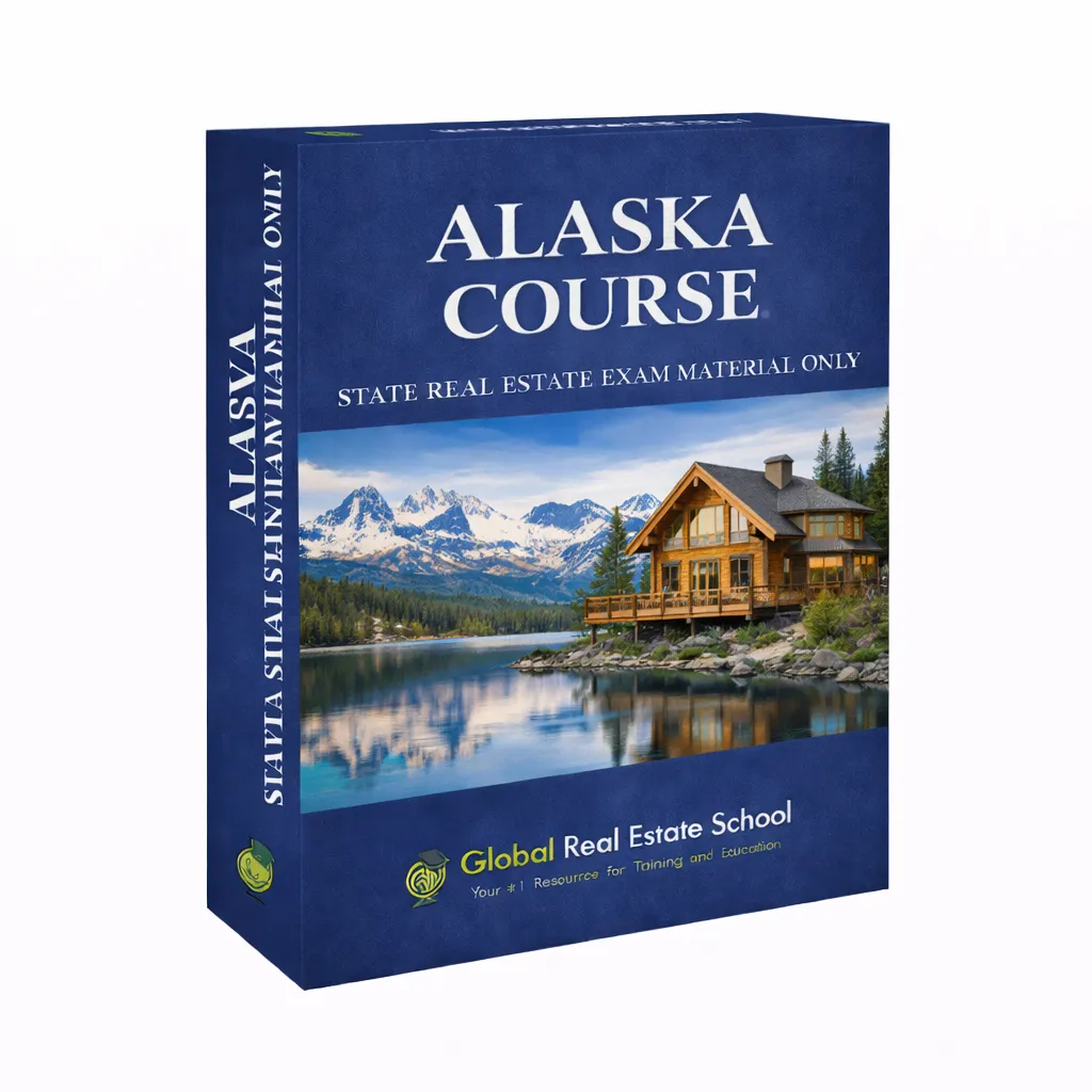 3D book cover of the Alaska Real Estate Exam Prep Course by Global Real Estate School featuring a residential home and landscape from Alaska.