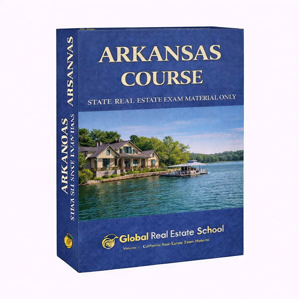 3D book cover of the Arkansas Real Estate Exam Prep Course by Global Real Estate School featuring a residential home and landscape from Arkansas.