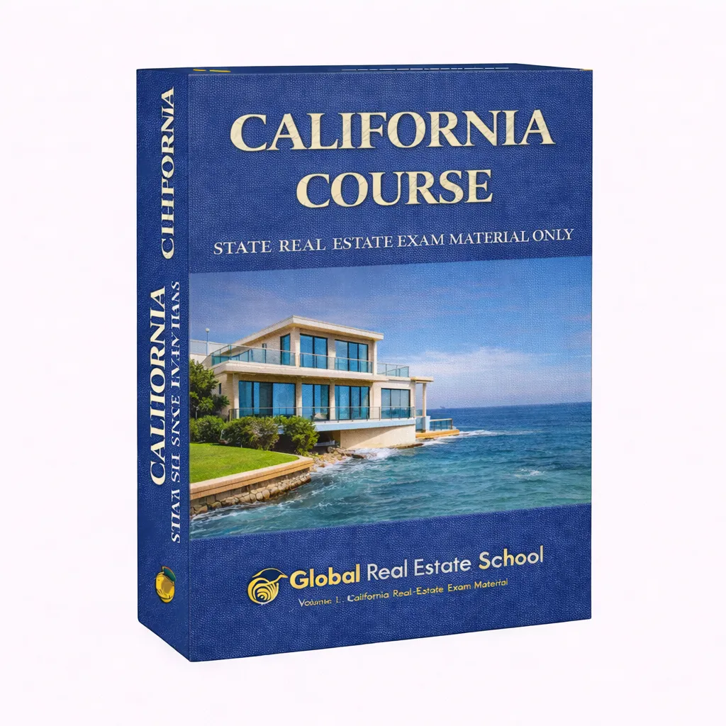 3D book cover of the California Real Estate Exam Prep Course by Global Real Estate School featuring a residential home and landscape from California.
