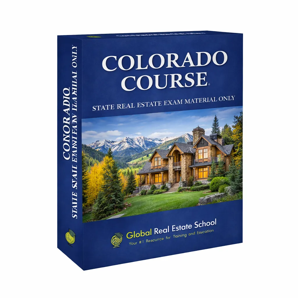 3D book cover of the Colorado Real Estate Exam Prep Course by Global Real Estate School featuring a residential home and landscape from Colorado.