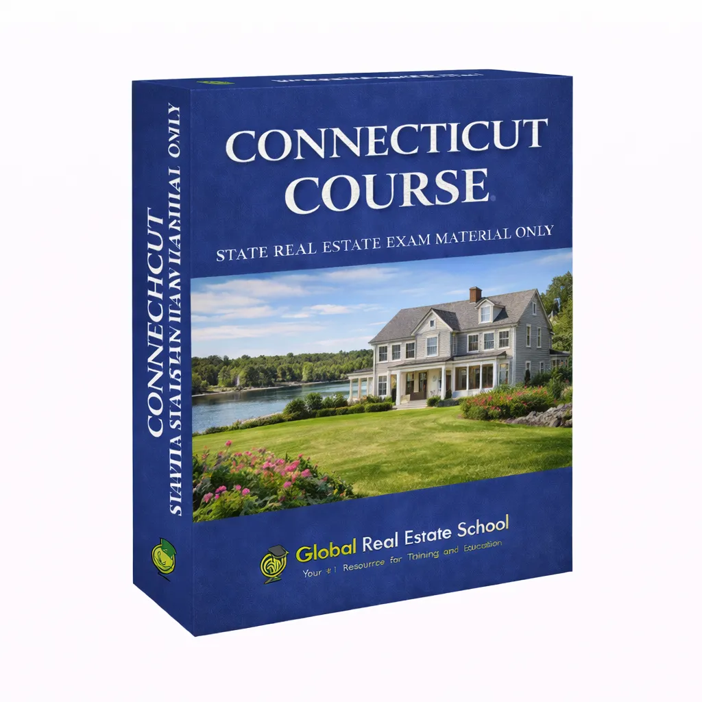3D book cover of the Connecticut Real Estate Exam Prep Course by Global Real Estate School featuring a residential home and landscape from Connecticut.