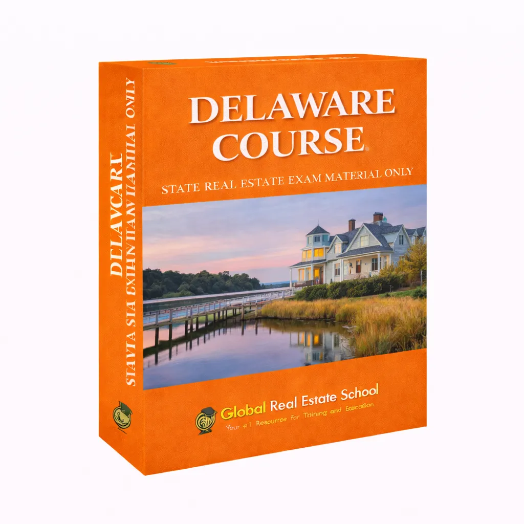 3D book cover of the Delaware Real Estate Exam Prep Course by Global Real Estate School featuring a residential home and landscape from Delaware.