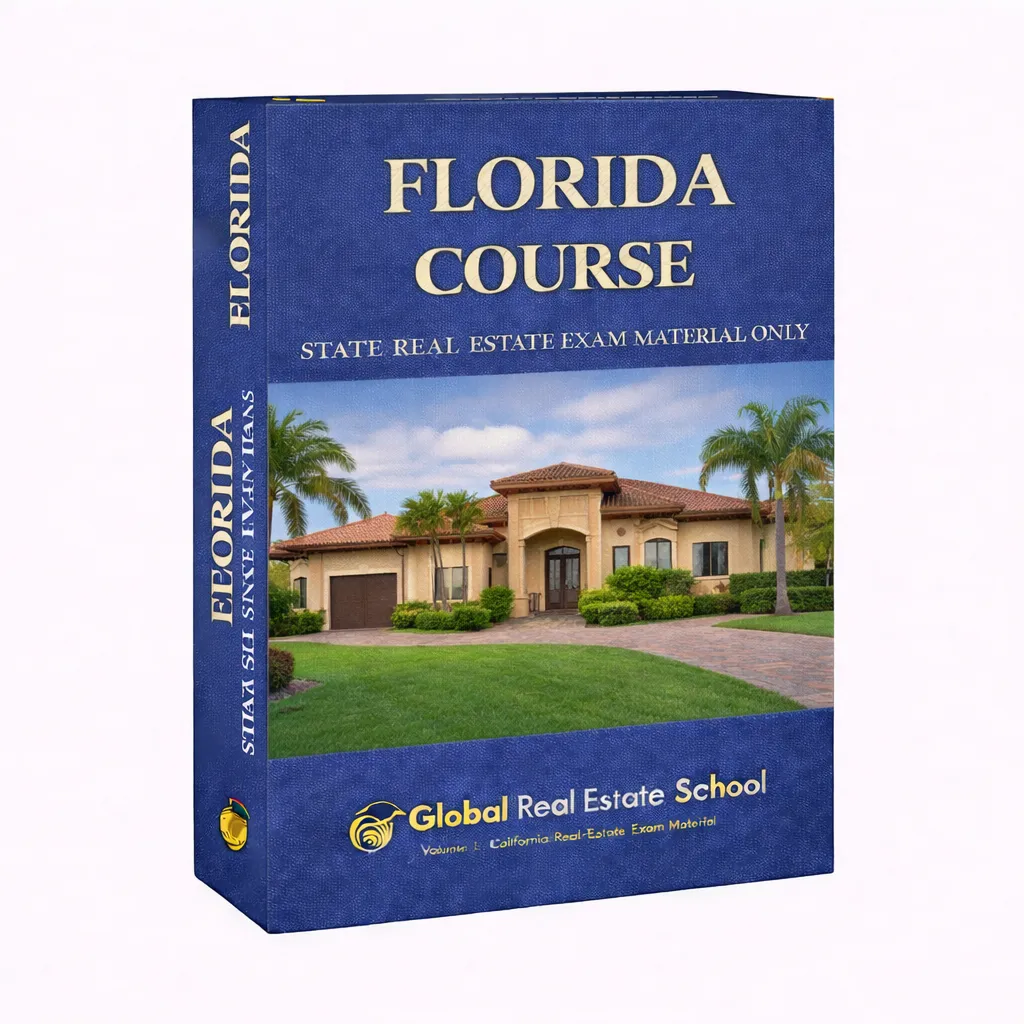 3D book cover of the Florida Real Estate Exam Prep Course by Global Real Estate School featuring a residential home and landscape from Florida.