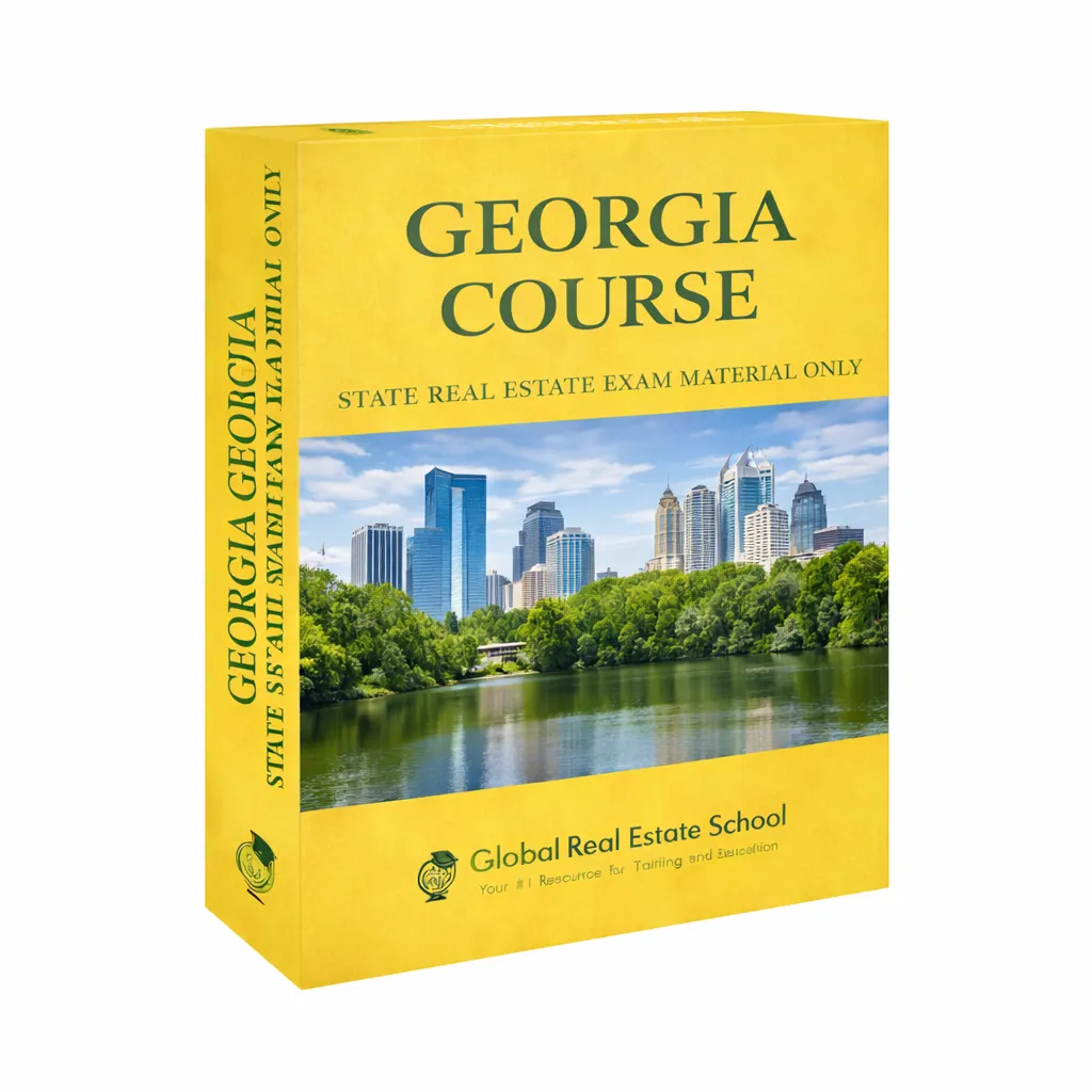 3D book cover of the Georgia Real Estate Exam Prep Course by Global Real Estate School featuring a residential home and landscape from Georgia.