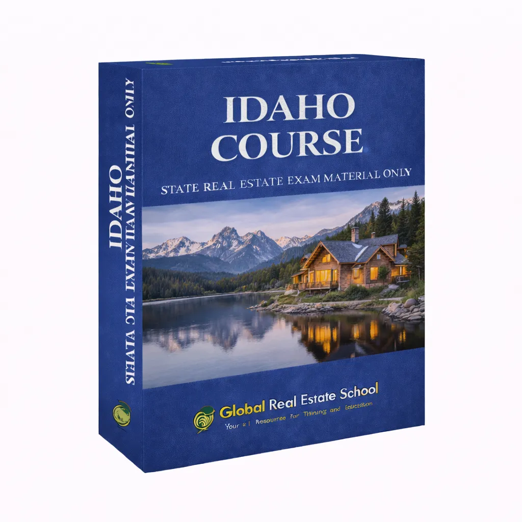 3D book cover of the Idaho Real Estate Exam Prep Course by Global Real Estate School featuring a residential home and landscape from Idaho.