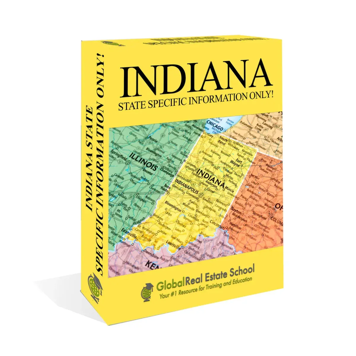 3D book cover of the Indiana Real Estate Exam Prep Course by Global Real Estate School featuring a residential home and landscape from Indiana.