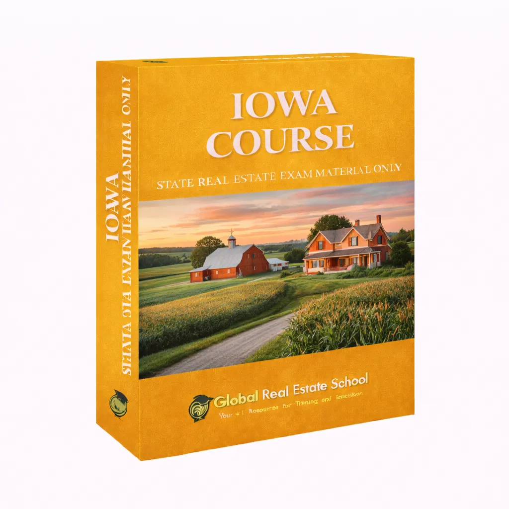3D book cover of the Iowa Real Estate Exam Prep Course by Global Real Estate School featuring a residential home and landscape from Iowa.