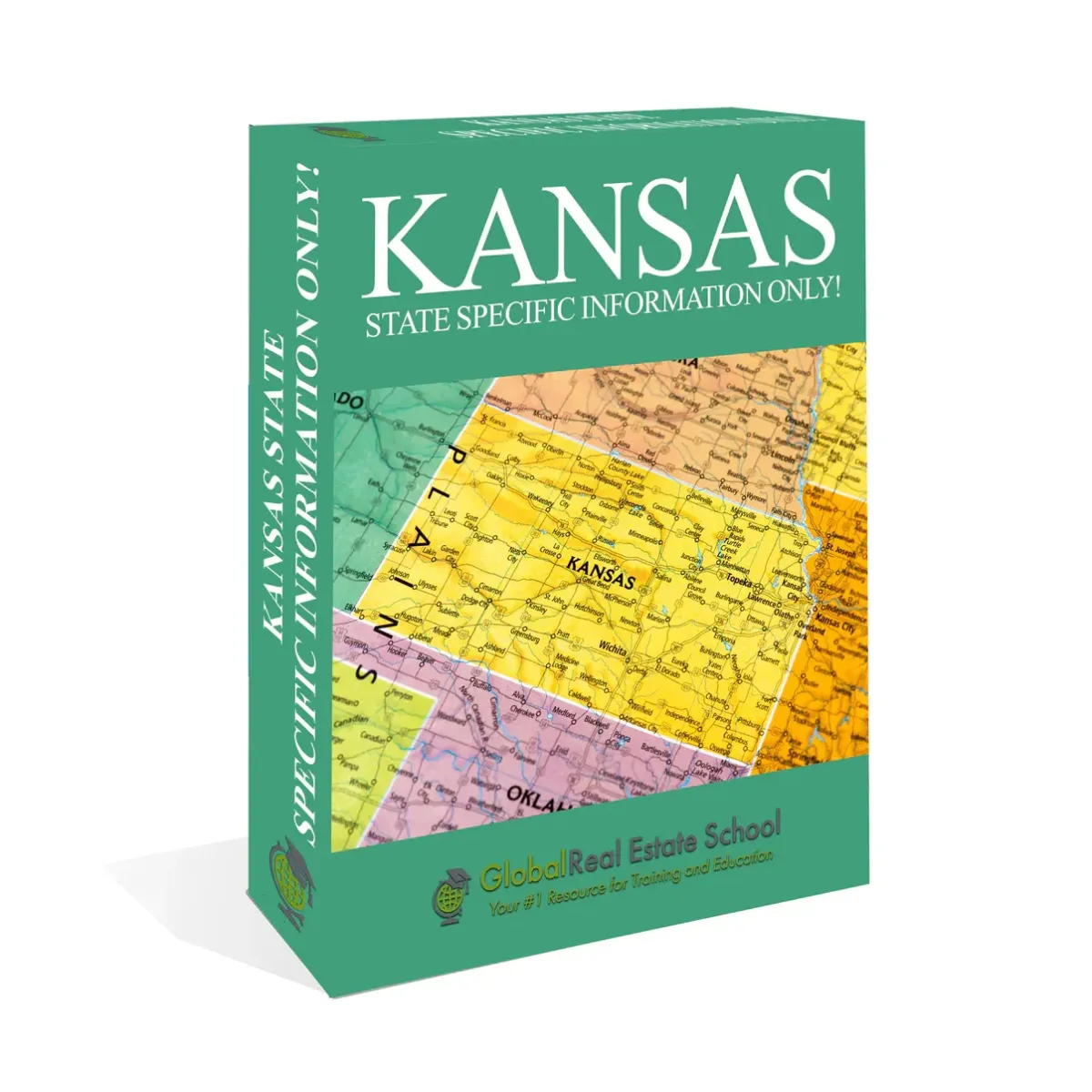 3D book cover of the Kansas Real Estate Exam Prep Course by Global Real Estate School featuring a residential home and landscape from Kansas.