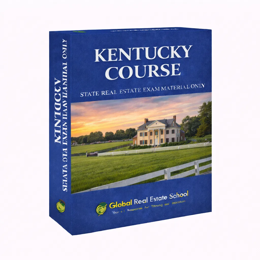 3D book cover of the Kentucky Real Estate Exam Prep Course by Global Real Estate School featuring a residential home and landscape from Kentucky.
