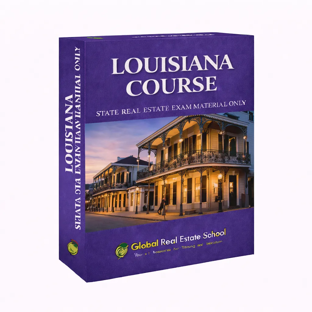 33D book cover of the Louisiana Real Estate Exam Prep Course by Global Real Estate School featuring a residential home and landscape from Louisiana.