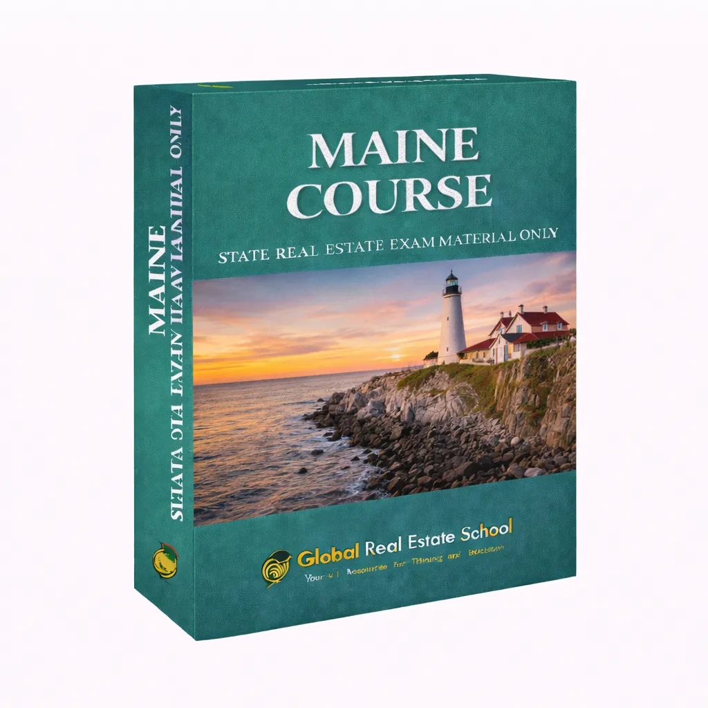 3D book cover of the Maine Real Estate Exam Prep Course by Global Real Estate School featuring a residential home and landscape from Maine.