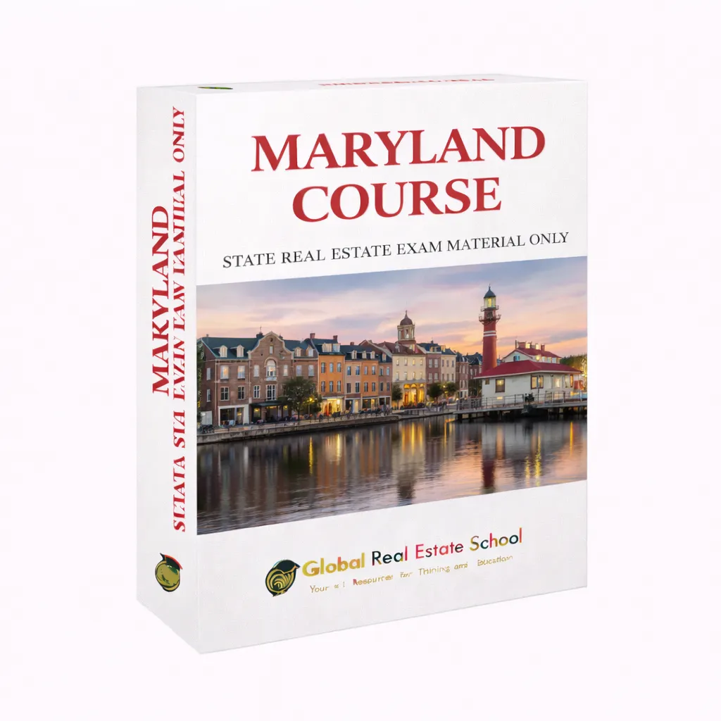 33D book cover of the Maryland Real Estate Exam Prep Course by Global Real Estate School featuring a residential home and landscape from Maryland.