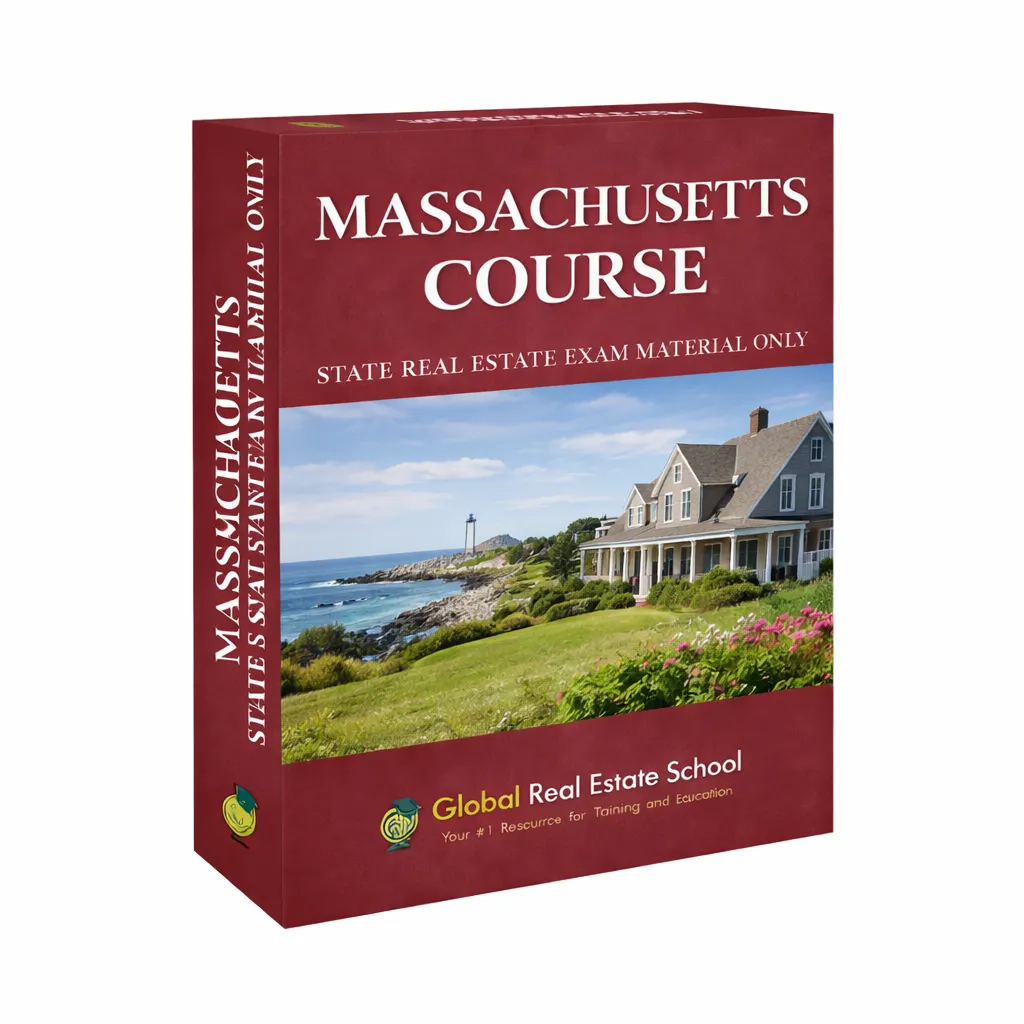 3D book cover of the Massachusetts Real Estate Exam Prep Course by Global Real Estate School featuring a residential home and landscape from Massachusetts.