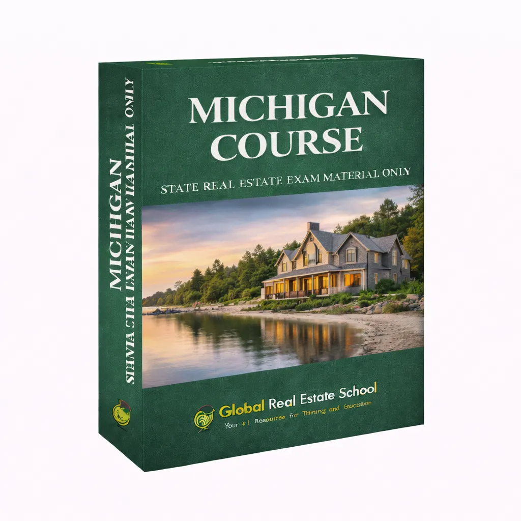 3D book cover of the Michigan Real Estate Exam Prep Course by Global Real Estate School featuring a residential home and landscape from Michigan.