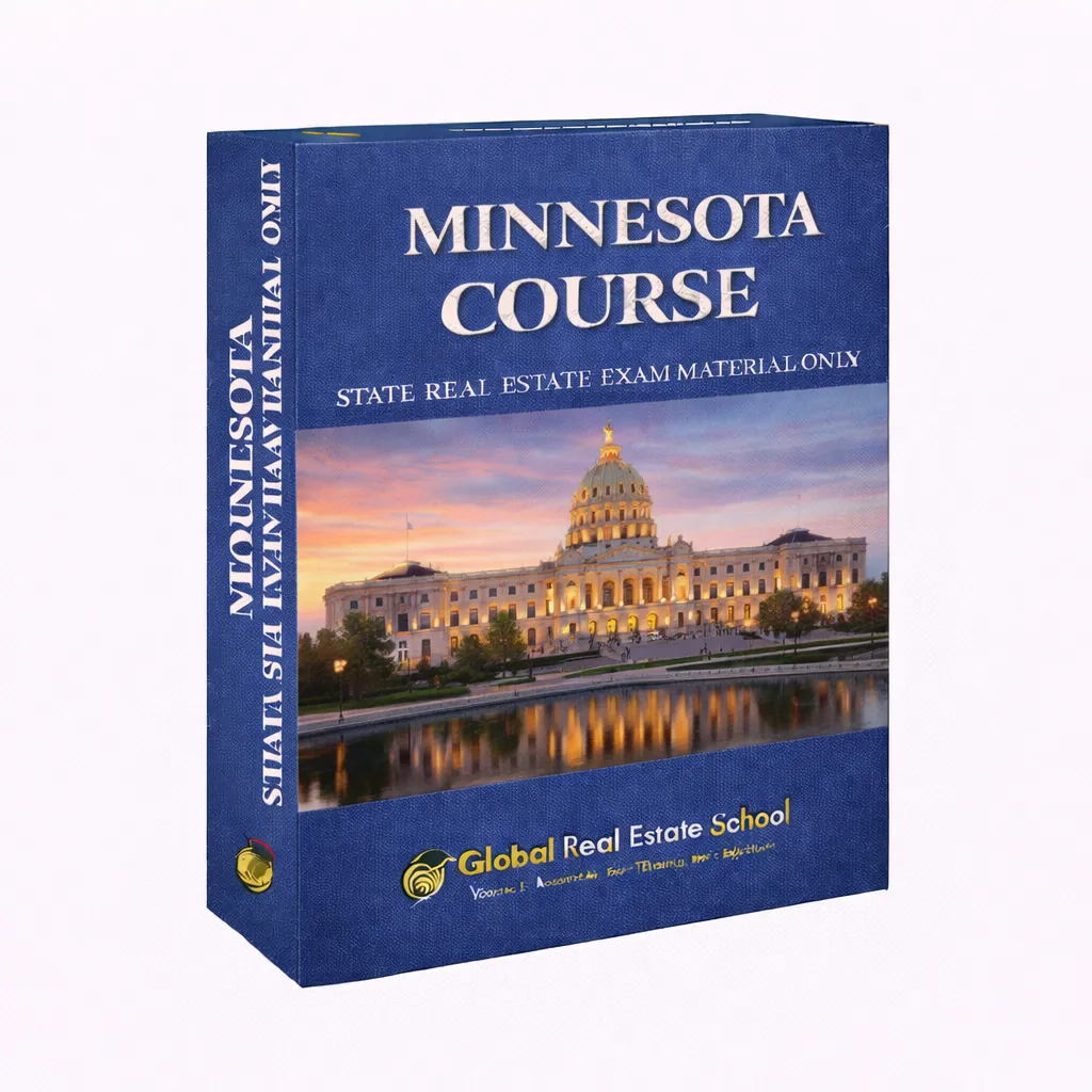 3D book cover of the Minnesota Real Estate Exam Prep Course by Global Real Estate School featuring a residential home and landscape from Minnesota.
