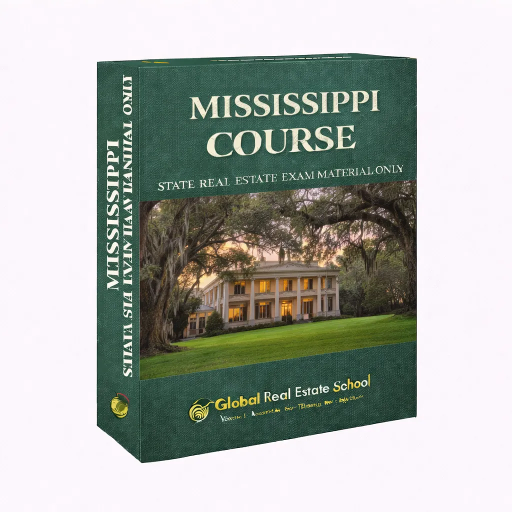 3D book cover of the Mississippi Real Estate Exam Prep Course by Global Real Estate School featuring a residential home and landscape from Mississippi.