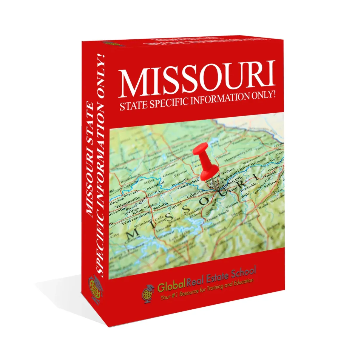 33D book cover of the Missouri Real Estate Exam Prep Course by Global Real Estate School featuring a residential home and landscape from Missouri.