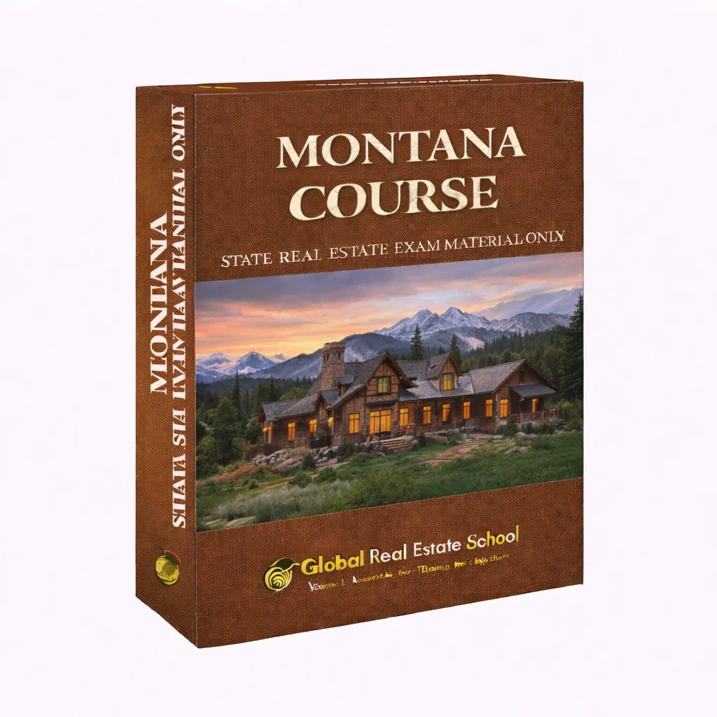 3D book cover of the Montana Real Estate Exam Prep Course by Global Real Estate School featuring a residential home and landscape from Montana.