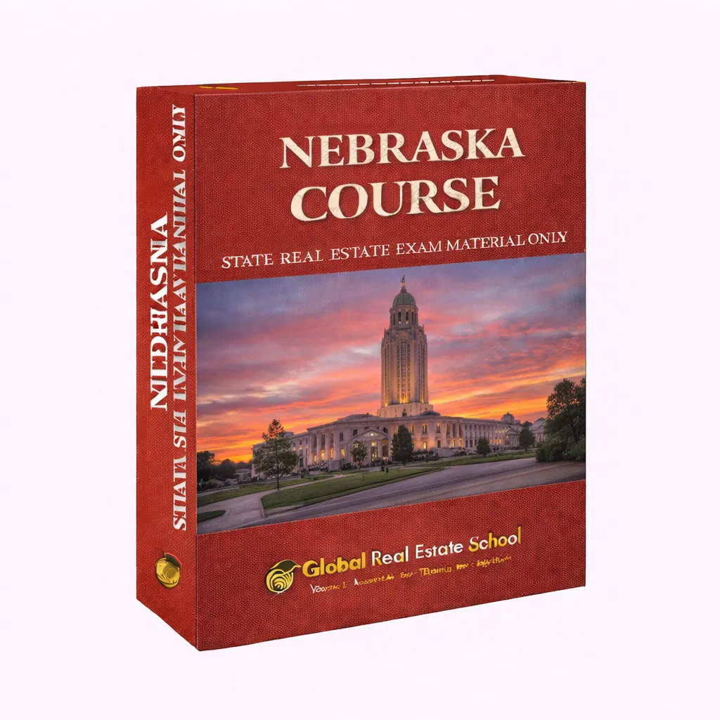 3D book cover of the Nebraska Real Estate Exam Prep Course by Global Real Estate School featuring a residential home and landscape from Nebraska.