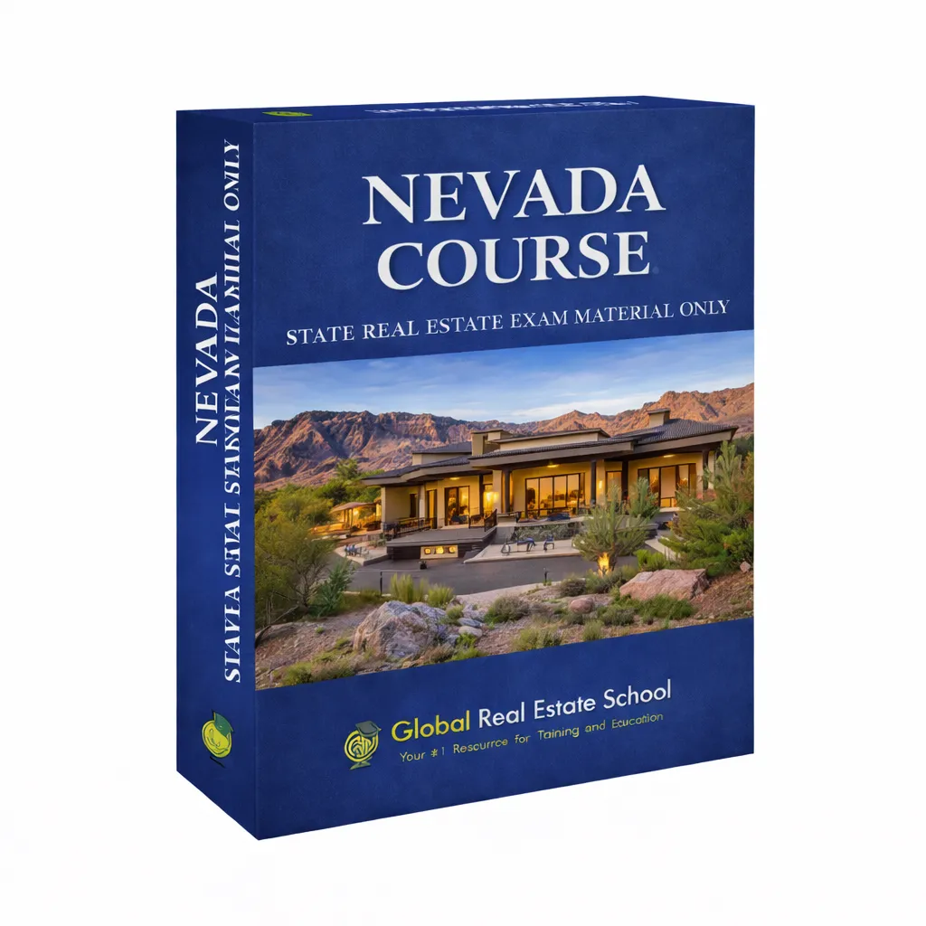 33D book cover of the Nevada Real Estate Exam Prep Course by Global Real Estate School featuring a residential home and landscape from Nevada.