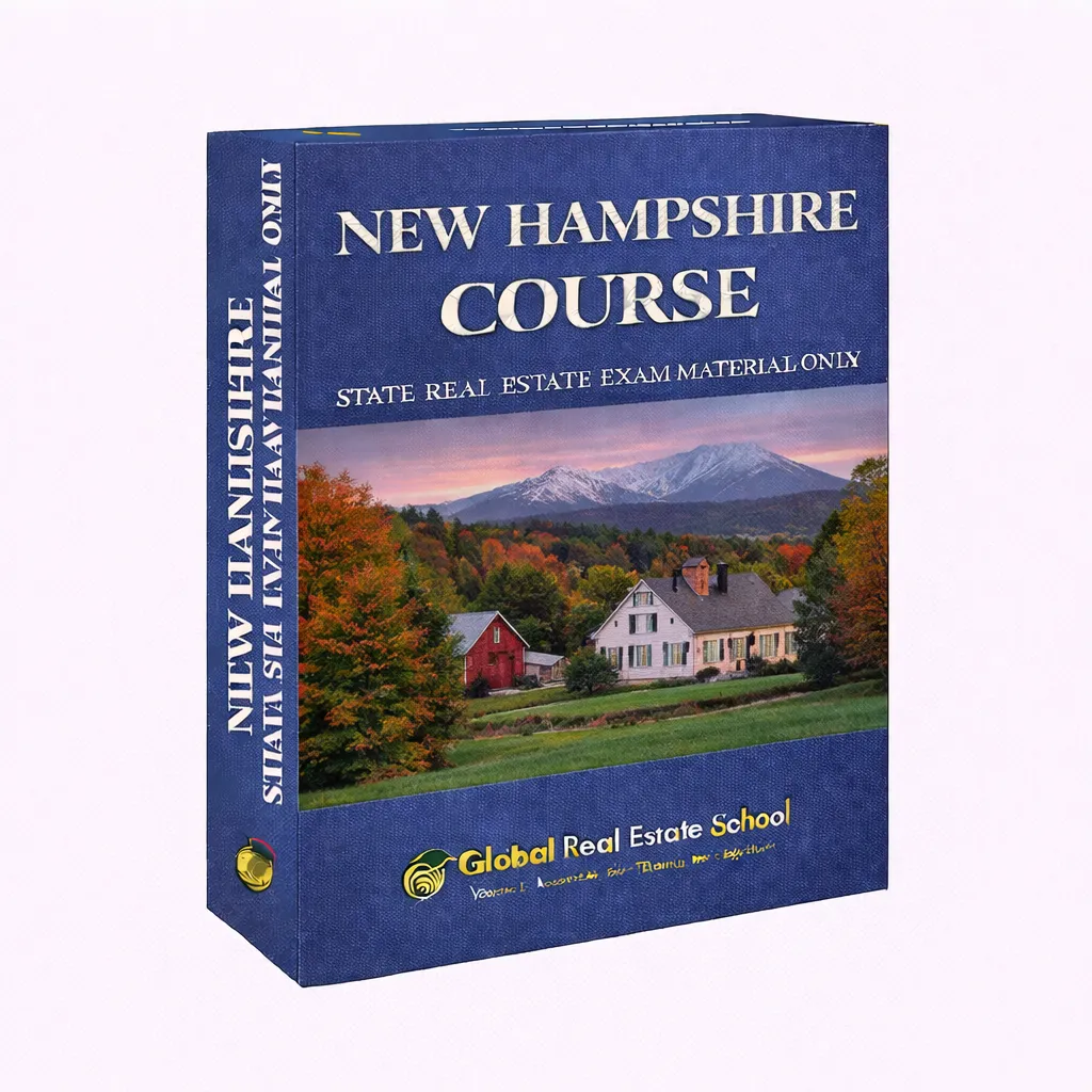 33D book cover of the New Hampshire Real Estate Exam Prep Course by Global Real Estate School featuring a residential home and landscape from New Hampshire.