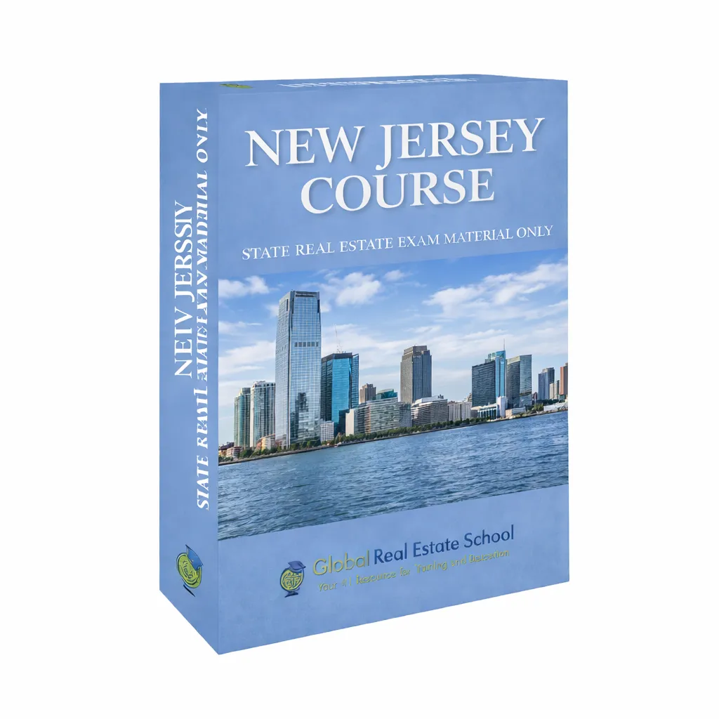 3D book cover of the New Jersey Real Estate Exam Prep Course by Global Real Estate School featuring a residential home and landscape from New Jersey.
